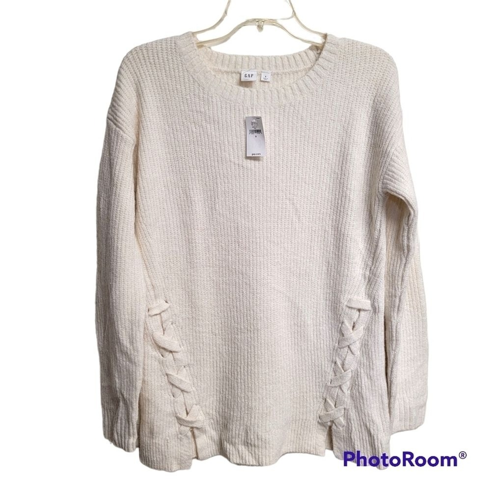 Gap Cream Ribbed Knit Lace Up Side Detail Crewneck‎ Tunic Sweater Women's Size S